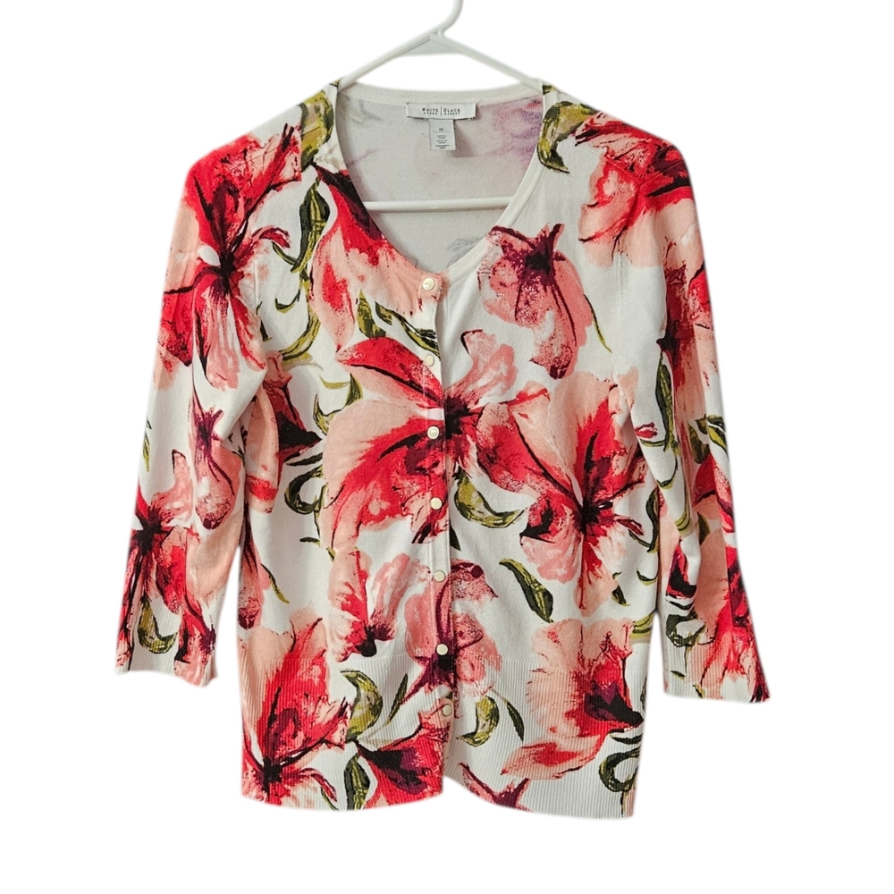 White House Black Market Floral Cardigan Sweater Women Medium 3/4 Sleeves WHBM